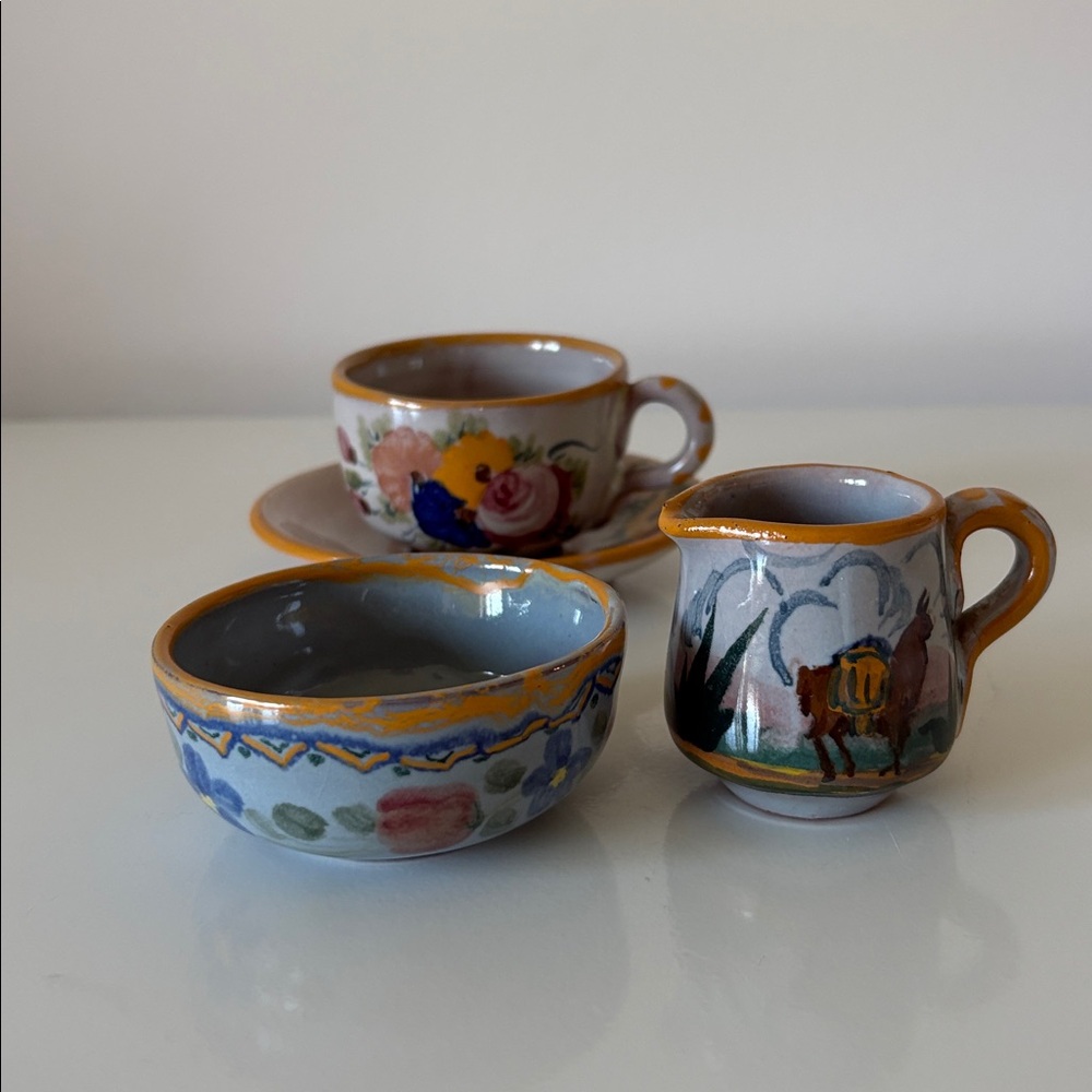 Peruvian Hand Painted Small Tea Set • Cup & Saucer + Cream & Sugar Folk Art